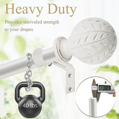 Weathered White Curtain Rod for Windows 28 to 48 Inches(2.3-4 ft)，1'' Diameter Heavy Duty Adjustable Curtain Rod with Leaf Pattern Finials - for Living Room, Bedroom,etc 18-45''