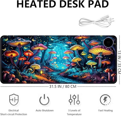 Heated Mouse Pad with 3 Levels Heated & 3 Hours Auto Shut-Off Mouse Pad for Warming Hands in Office Home, 31.5" x 13"Large Safe Desk Mat Hand Warmer，Forest Glowing Mushroom