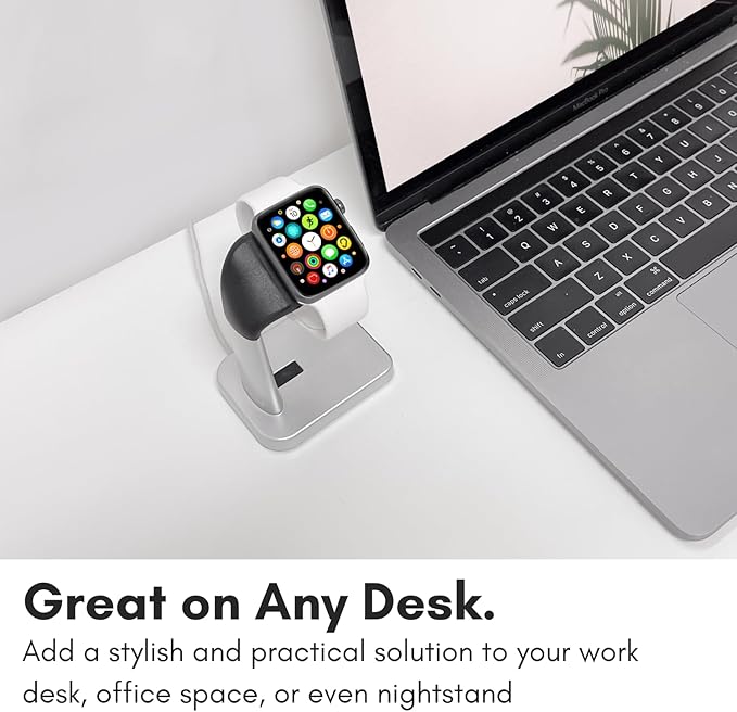 Macally Apple Watch Stand for Series Ultra 10 9 8 7 6 5 4 3 2 1 SE (49mm 45mm 44mm 42mm 41mm 40mm 38mm) - Apple Watch Charger Stand Dock Holder - Sleek Desk iWatch Charging Station - Silver