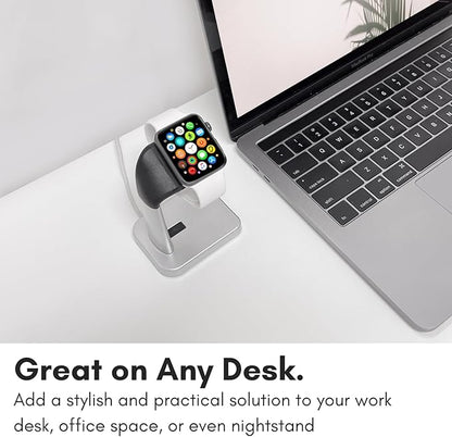 Macally Apple Watch Stand for Series Ultra 10 9 8 7 6 5 4 3 2 1 SE (49mm 45mm 44mm 42mm 41mm 40mm 38mm) - Apple Watch Charger Stand Dock Holder - Sleek Desk iWatch Charging Station - Silver
