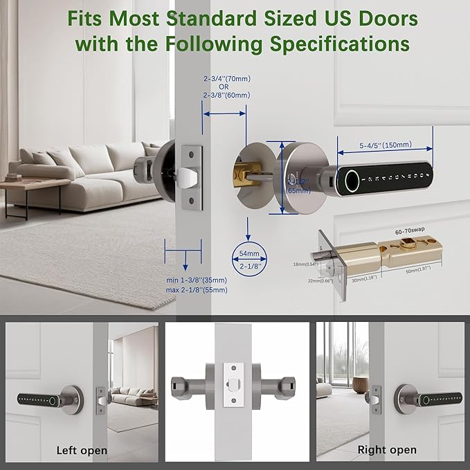 Smart Electronic Fingerprint Door Lock, Keyless Entry with Handle, Codes, APP, IC Cards, Fingerprints, Keys, for Home Bedroom Apartment (Silvery)