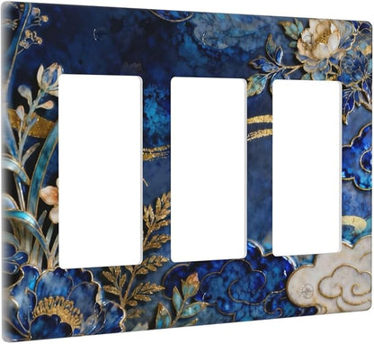 Decorative Outlet Covers Blue White Flower Gold Line Cloud 3 Gang Light Switch Cover Plate Triple Rocker Wall Plates for Electrical Outlets Switch Plate Covers for Bedroom Home Decor