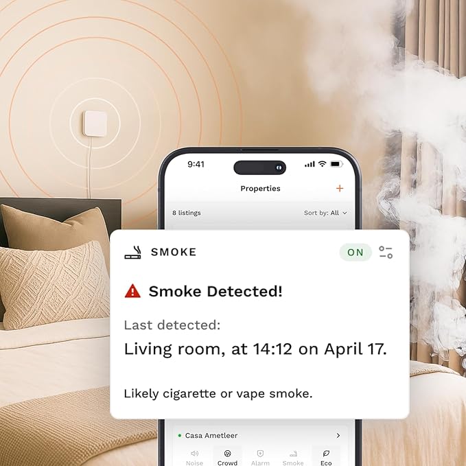 Smart Sensor for Air Quality Monitor, AC Control CO, WiFi Quality, Energy Savings Monitoring | Ideal for Airbnb, Homes & Offices | Tracks Temp, Humidity, Smoke, Noise & More