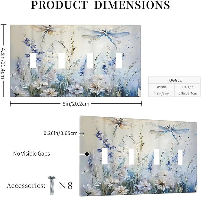Decorative Light Switch Cover Plate Watercolor Dragonfly Blue Wihte Flower 4 Gang Wall Plates for Electrical Outlets Quad Toggle Switch Plate Covers Outlet Covers Faceplate for Bedroom Decor