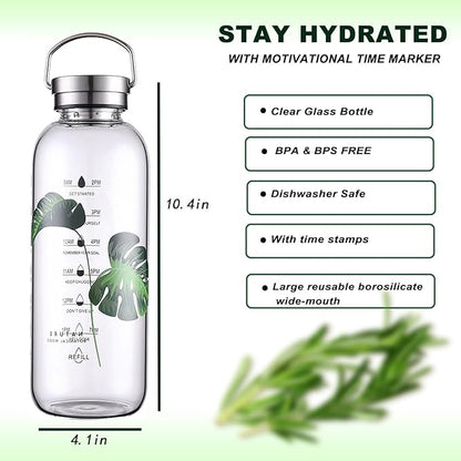 50 oz Glass Water Bottle with Time Markers – 1500ml Borosilicate Sport Bottle, Stainless Steel Handle & Strainer, BPA-Free, Leak-Proof (Leaf Green, Silver Lid)