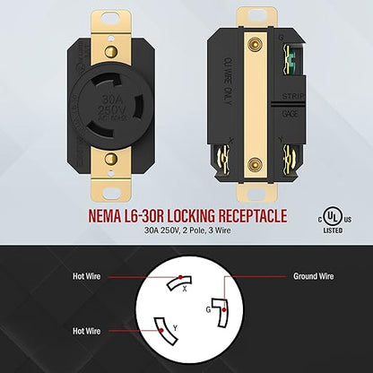 ENERLITES NEMA L6-30R Flush Mounting Locking Receptacle for Generator, Twist Lock Outlet, 30 Amp, 250 Volt, 2 Pole, 3 Wire Grounding, Industrial Grade Heavy Duty, UL Listed, 66460-BK, Black, 2 Pack