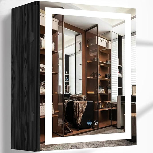 20 x 30 Inch Black Wood Led Medicine Cabinet Mirror with Lights Storage Wooden Cabinets Smart Memory 3 Color Dimmable AntiFog 30" Bathroom Lighted Medicine Cabinet with Mirror and LED Light