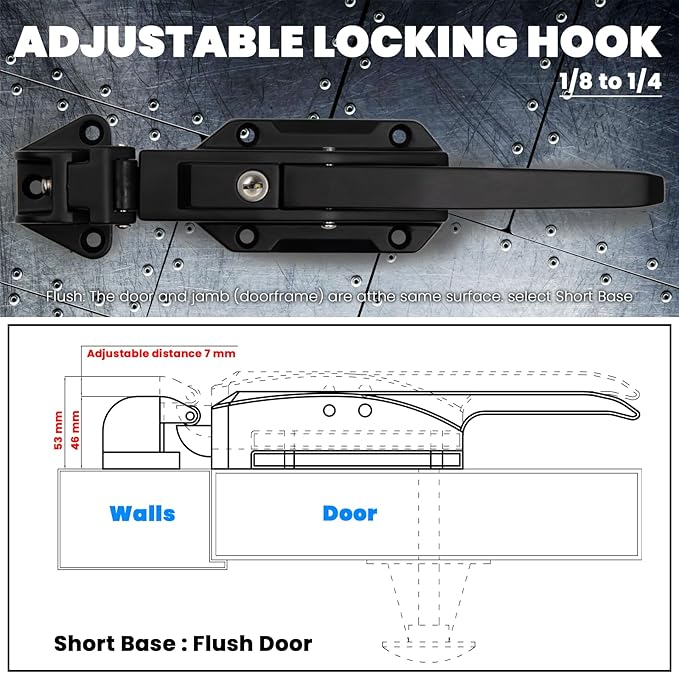 Walk in Cooler Door Handle, Walk in Cooler Door Closer Complete Latch Kit, Freezer Door Handle, Offset -1/8 in to 1/4 in(Flush) and 5.9" Solid Metal Interior Release Handle（Frosted Black）
