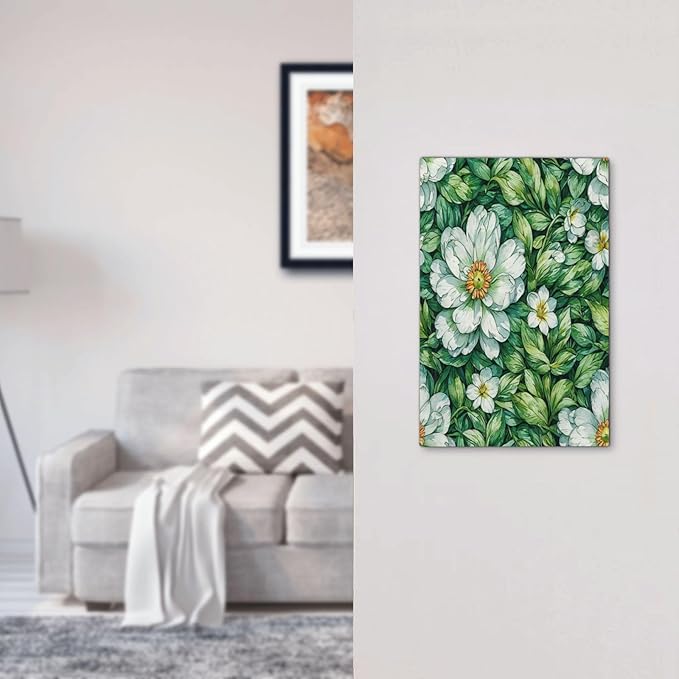 Vintage Floral White Flowers Green Plants Leaves Light Switch Cover Plate 1 Gang No Device Blank Decorative Switch Plate Electrical Wall Plates Faceplate for Bedroom Bathroom Decor