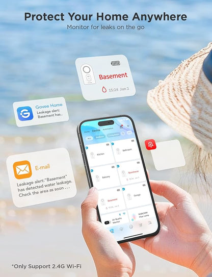 Govee WiFi Water Sensor 2 Pack, Smart Water Leak Detector, 100dB Adjustable Alarm Suit for Home and Basement, Water Leak Alert with Email & APP Push (Only Support 2.4G Wi-Fi)