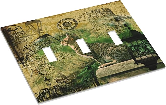 Decorative Light Switch Cover Plate Vintage Style Cat City Stamp 3 Gang Wall Plate Triple Toggle Switch Plate Covers Electrical Outlet Cover for Bedroom Home Decor