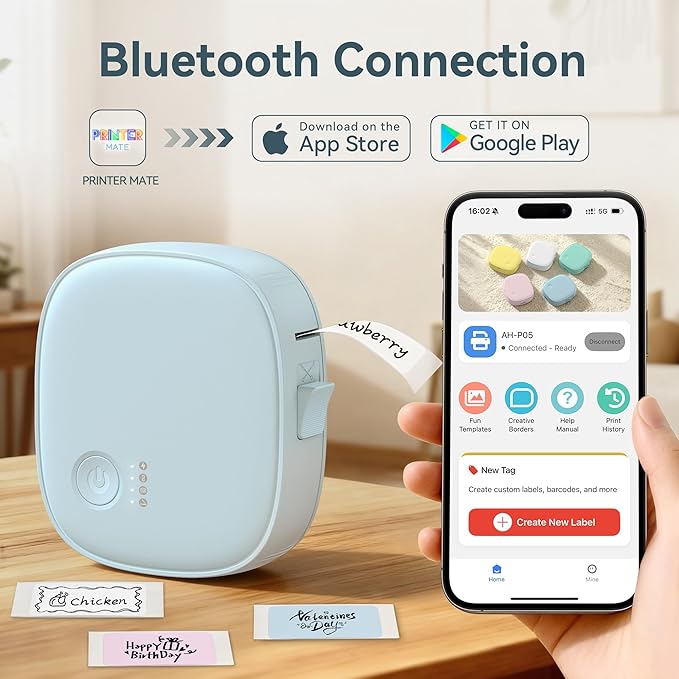 Mini Label Maker Machine with Tape – Portable Bluetooth Mini Label Printer, Wireless Thermal Label Maker, Waterproof & Rechargeable, Built-in Cutter, for Home, Office, School, Kitchen – Blue