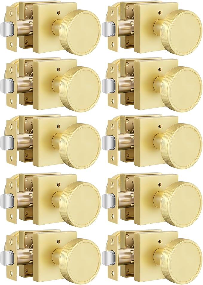 goldenwarm Gold Door Knobs Interior, Brushed Gold Door Knobs Square Privacy Door Knob for Bedroom Bathroom, Modern Heavy Duty Interior Doorknobs - 10 Pack Zinc-Alloy