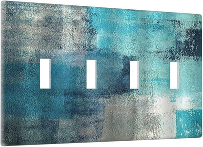 Light Switch Covers Teal Blue Modern Geometric Abstract Turquoise Green Quad Toggle Electrical Faceplate 4 Gang Wall Plate Decorative Switch Plates for living Room Bedroom Decor