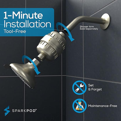 SparkPod 23-Stage Filtered Shower Head with 3 Spray Settings - High Pressure Shower Head with Filters for Dry Hair and Skin - Showerhead with Filter Reduces Chlorine & Heavy Metals (Brushed Nickel)