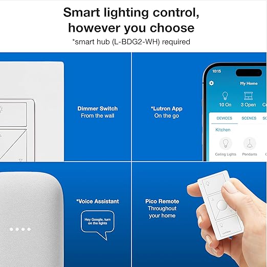 Lutron Caseta Original Smart Dimmer Switch (Lutron Smart Hub Required), for LED Lights, 150 Watt, Single-Pole/3-Way, No Neutral Required, PD-6WCL-WH, White