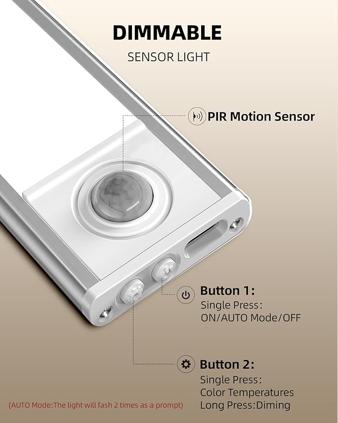 Under Cabinet Lighting Wireless,Rechargeable Battery Motion Sensor Light Indoor,LED Closet Lights USB Charging,3 Color Dimmable Under Cabinet Lights for Kitchen (3 Pcs) 7inch