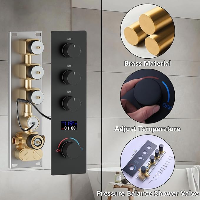 Brass Temperature Shower Diverter Valve Matte Black 3 Way Outlets Concealed Digital Display Shower Mixer Valve Kit Bathroom Shower Diverter On Off Flow Control Replacement Valve