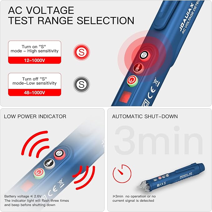 Non-Contact Voltage Tester,Electrical Voltage Detector Pen Null/Live Wire Tester Breakpoint Finder Voltage Measuring Tool Dual Range AC 12V/48V-1000V