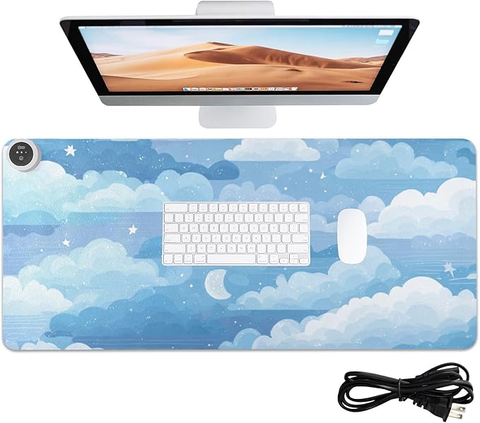 Heated Desk Pad Mouse Pad 31.5x13 Inch PU Leather Desk Mat with 3 Heat Levels Large Mouse Gaming Computer Laptop Mat Blue Gradient Cloud and Stars