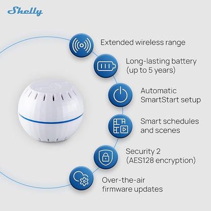 Shelly Wave H&T US White US LR, Z-Wave Long Range Indoor Smart Temperature & Humidity Monitor, Compatible with Alexa, Google Home, SmartThings, Home Assistant, Free Data Storage, Remote Monitoring