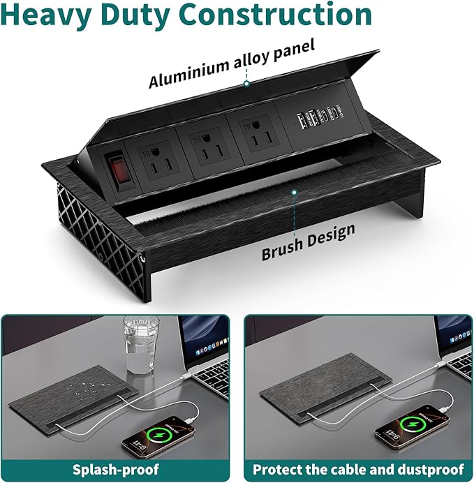 QBA Tabletop Brush Connectivity Box Outlet, Recessed Power Strip with USB-C 30W, 3 TR Outlets, 4 USB Ports, for Home Office, Black