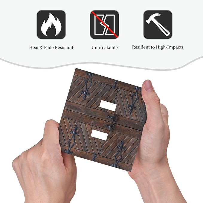 Decorative Light Switch Plate Covers Vintage Brown Wood Barn Door 2 Gang Light Switch Cover Unique Double Toggle Wall Plate Outlet Covers for Bedroom Home Decor （2 Pack）