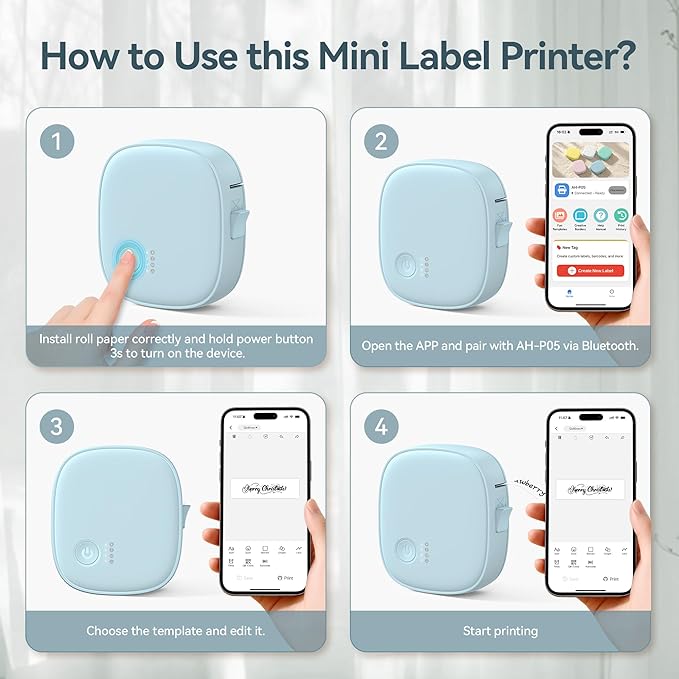 Mini Label Maker Machine with Tape – Portable Bluetooth Mini Label Printer, Wireless Thermal Label Maker, Waterproof & Rechargeable, Built-in Cutter, for Home, Office, School, Kitchen – Blue