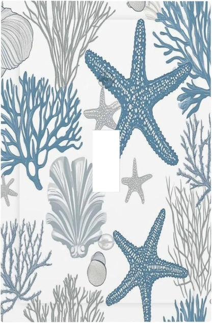 Blue Starfish Nautical Beach Conch Coastal Coral Shell Decorative Light Switch Cover 1 Gang Single Toggle Device Electrical Faceplate Switchplates Decorator Outlet Wall Plate For Kids Room Bathroom