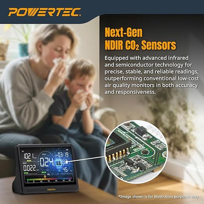 POWERTEC AD1001 Air Quality Monitor with 7” LCD Display – Multi-Sensor CO₂, PM2.5, PM10, HCHO, TVOC Detector, NDIR & Semiconductor Sensors, Rechargeable Indoor/Workshop Air Monitor