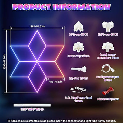 Hexagon Garage Lights RGB - Multicolor RGB with Music Sync Mode (358 Dynamic Effects), Dimming，Speed Control. Perfect for Gaming, Bars, Studios ，Home Gyms