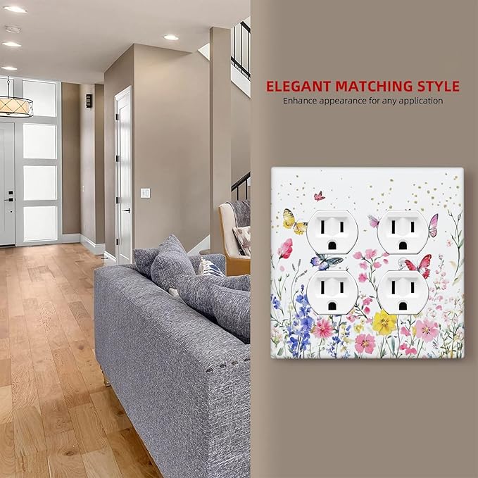 Outlet Covers Watercolor Floral Butterfly Colorful Wildflower 2 Gang Double Duplex Decorative Light Switch Covers Electrical Wallplates Socket Faceplate For Bed Room Living Room Decor