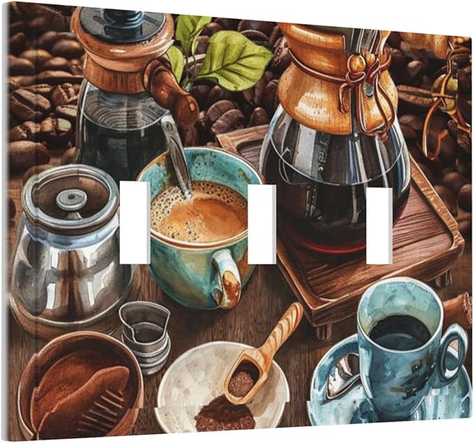 Decorative Light Switch Cover Plate Retro Coffee Maker Beans Cup 3 Gang Wall Plate Oversized Triple Toggle Switch Cover Plate Jumbo Faceplate for Kirchen Home Decor