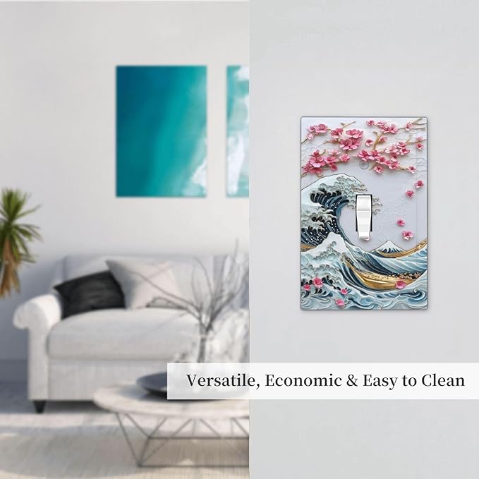 Decorative Light Switch Cover The Great Wave Off Kanagawa With Sakura 1 Gang Single Toggle Device Electrical Faceplate Switchplates Decorator Outlet Wall Plate for Bedroom Bathroom Decor