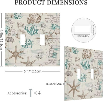 Mid Century Seashells Starfish Compass Decorative Switch Plates 2 Gang Double Toggle Outlet Light Switch Cover Wall Plate Electrical Faceplate For Nursery Kids Room Decor