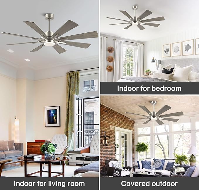 WINGBO 60" DC Ceiling Fan with Lights and Remote Control, Brushed Nickel and Gray Ceiling Fan, 8 Plywood Blades, 6-Speed Reversible DC Motor, Modern Ceiling Fans Indoor for Kitchen Bedroom Living Room