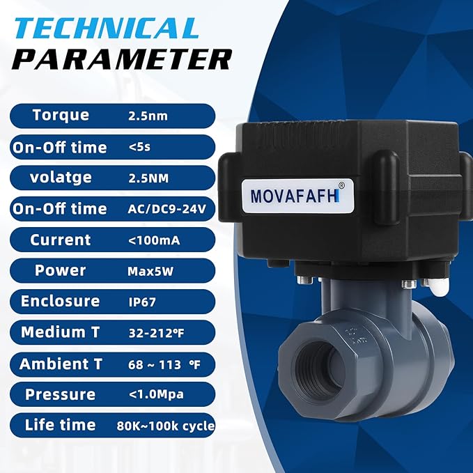 1/2" UPVC Motorized Ball Valve - 2 Wire Auto Return Electric Water Valve with Full Port, 9-24V AC/DC Automatic Ball Valve