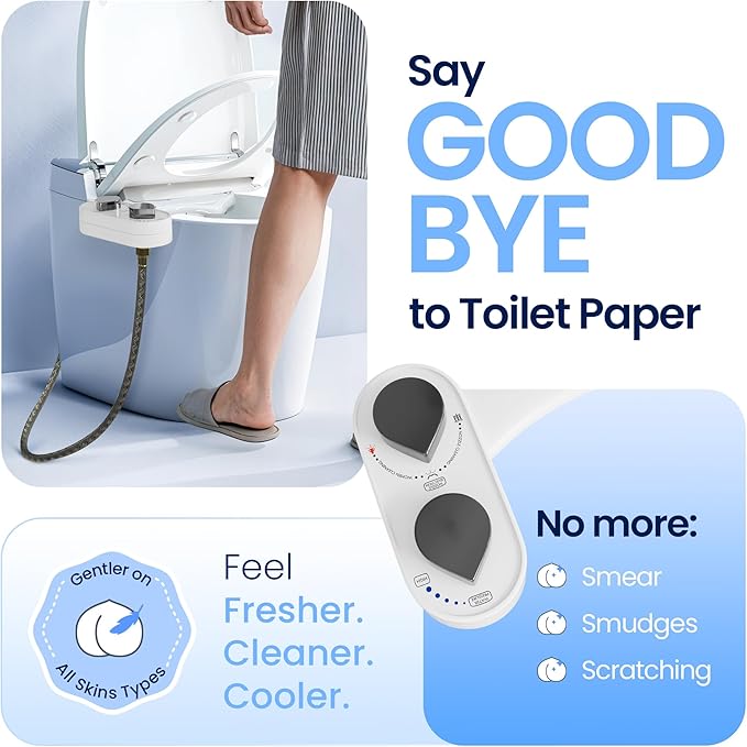 CLEAR REAR Bidet Attachment for Toilet Seat - Non-Electric, Self-Cleaning Dual Nozzle, Adjustable Water Pressure, Rear & Feminine Wash, Toilet Bidet Hygienic Bathroom Upgrade (White)