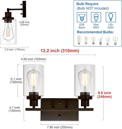 MELUCEE 2-Light Industrial Bathroom Lighting Oil Rubbed Bronze with Clear Glass Shade, Porch Light Fixtures Wall Mount Sconces for Bedroom Living Room Kitchen (Patent No.: US D963914 S)