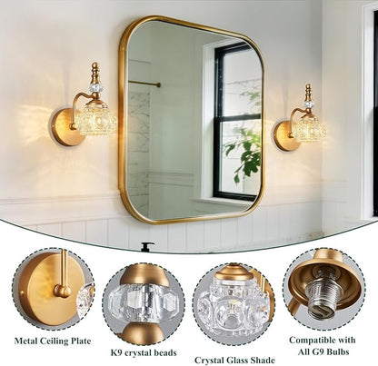 Modern Glass Crystal Vanity Light - Vintage Bathroom Lighting Fixtures Over Mirror, 2 Pack Vanity Lights G9 Bulb (7.87 Inch,Brass)