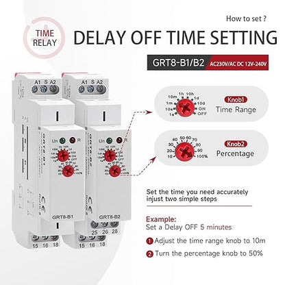 Time Relay Delay Turn Off 16A Adjustable Smart Relay Electronic Timer GRT8-B1in Din Rail, 0.1s-10 Days Wide Range Delay Factory Automation Time Universal Voltage GRT8-B1 AC 230V