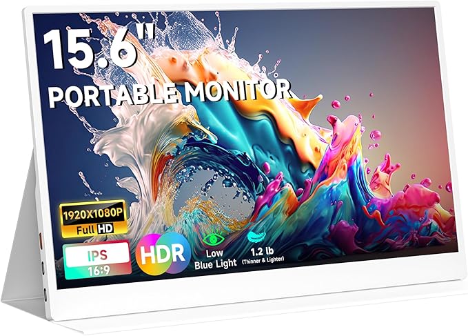 QAF Portable Monitor for Laptop, 15.6 Inch FHD 1080P USB-C HDMI 100% sRGB HDR IPS Display, Ultra-Thin Travel Second Screen Compatible with Laptop Mac PC Phone PS5 Xbox Switch, Built-in Speakers, White