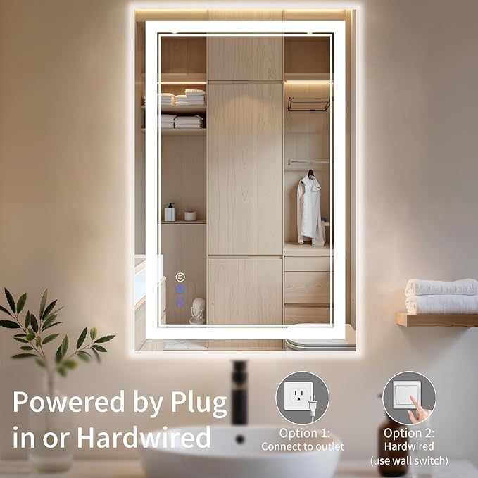 24"x32" LED Bathroom Mirror with Lights, Anti-Fog, Backlit + Front Lit, Dimmable, Led Vanity Mirror for Wall, Lighted Bathroom Mirror, 3 Colors, Shatter-Proof Tempered Glass
