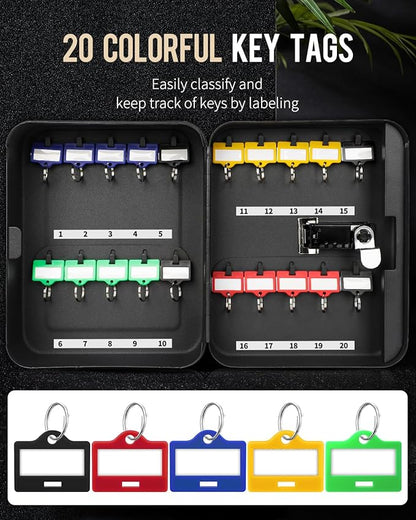 Uniclife 20 Position Key Cabinet with Combination Lock Resettable Black Digital Security Storage Box Steel Key Organizer with Colorful Key Tag Labels Stickers and Hooks