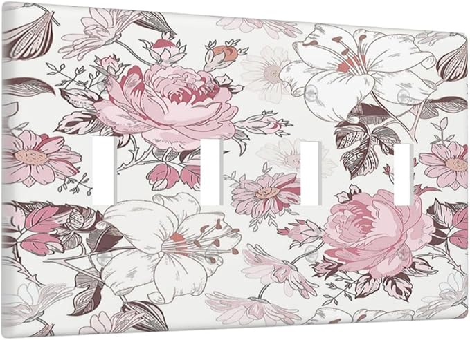 Light Switch Covers Modern Watercolor Flower Pink White Wildflower Quad Toggle 4 Gang Wall Plate Electrical Faceplate Decorative Switch Plates for Bedroom Home Decor