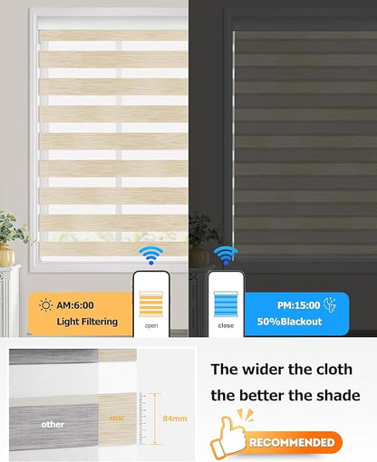 LazBlinds Motorized Zebra Roller Shades, Rechargeable Smart Blinds with Remote Control, Custom Size Light Filtering Dual Layer Roller Sheer Shades, Beige Linen
