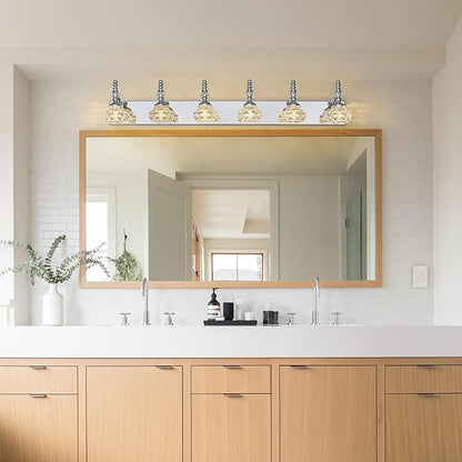 Modern Glass Crystal Vanity Light - Vintage Bathroom Lighting Fixtures Over Mirror, 6 Light Vanity Lights G9 Bulb (43.3 Inch, Chrome)
