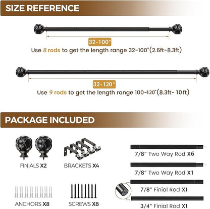 KAMANINA Curtain Rods for Windows 66 to 120 Inch, 7/8 Inch Black Heavy Duty Curtain Rod 32 to 120 (2.6-10ft), Adjustable Decorative Drapery Rods with Netted Texture End