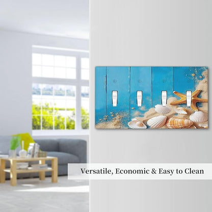 Light Switch Covers Blue Wood Grain Beach Shell Starfish Quad Toggle Electrical Faceplate 4 Gang Wall Plate Decorative Switch Plates for Bathroom Farmhouse Decor
