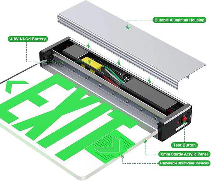 Green LED Edge Lit Exit Sign Brushed Aluminum Housing, UL Listed Emergency Exit Signs Single Sided Clear Acrylic with Battery Backup, AC 120-347V Hardwired Exit Lights, Top/Side/Wall Mount (4 Pack)